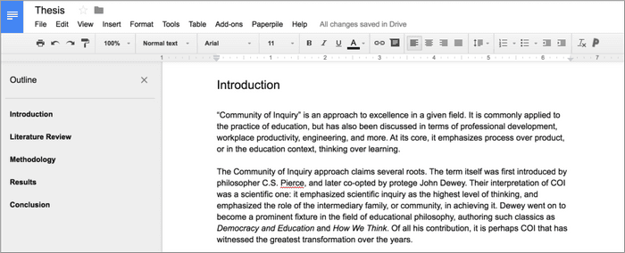 Writing your thesis in Google Docs allows you to use the Outline feature