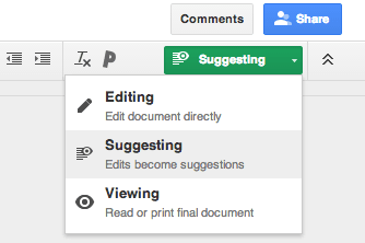 The new Google docs suggestion mode menu.