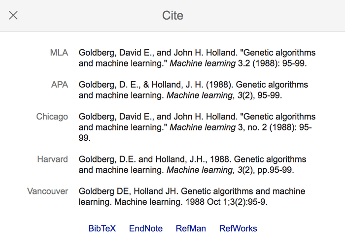 Google Scholar citation panel