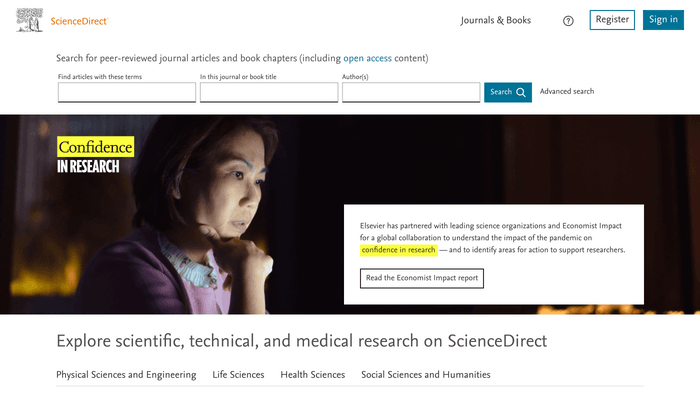 Search interface of ScienceDirect