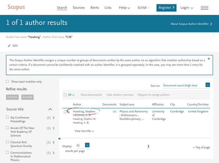 Scopus search results for Stephen Hawking