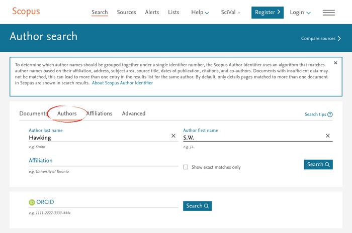 The Scopus author search interface