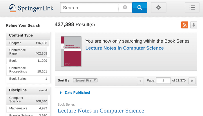 Search interface of Springer Lecture Notes in Computer Science