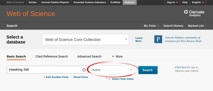The Web of Science author search interface