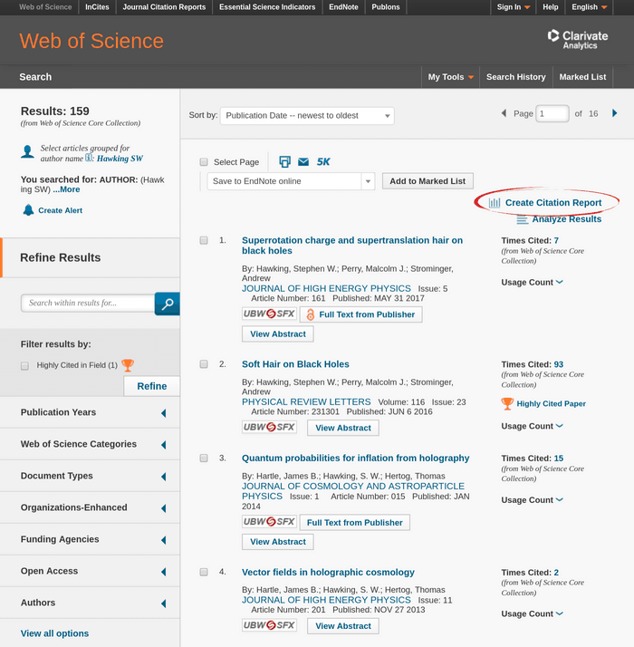 Web of Science search results page